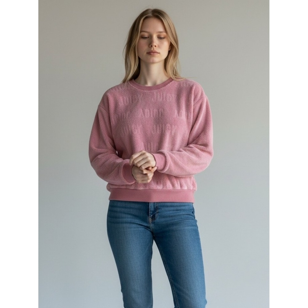 Juicy Couture Sweatshirt Embossed Logo Pink Size Small Plush Fleece Crewneck